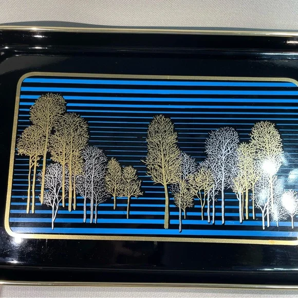 Japan Lacquerware Black Blue Tray Gold Leafing Trees Srednick Collection Forest - Picture 3 of 13